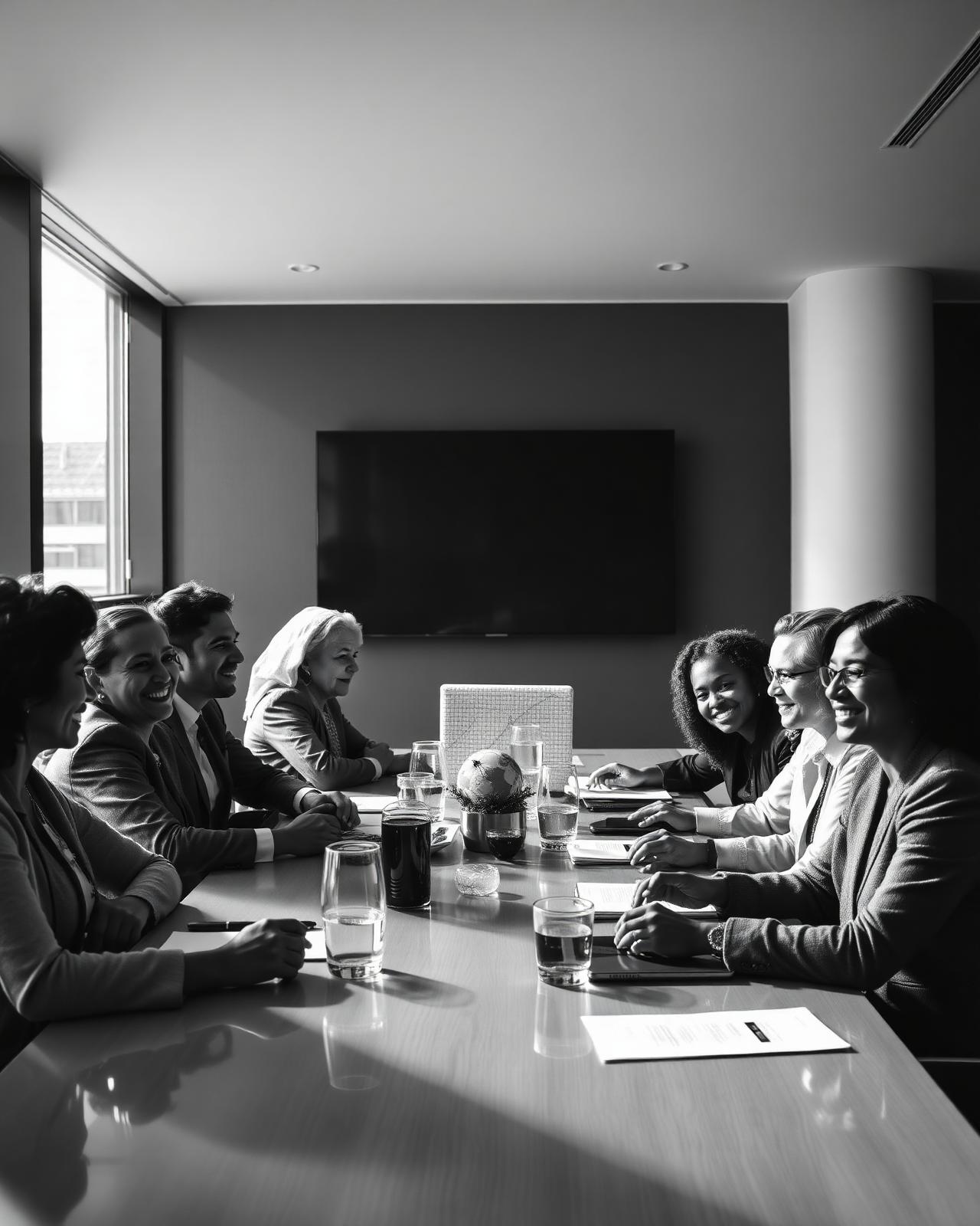 Diverse global leaders collaborating around a table